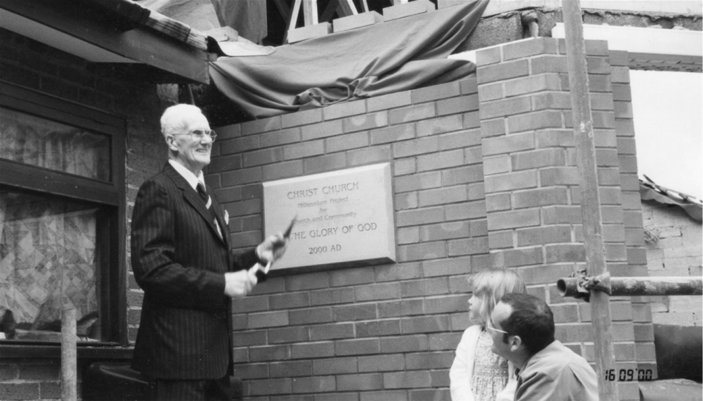 Cyril Venables (churchwarden) laying foundation stone for the Church Centre. From Shirley Hallam